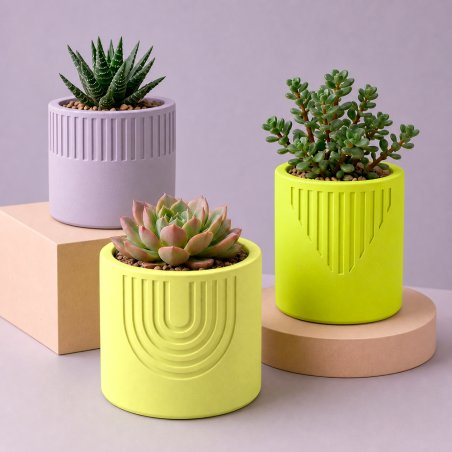 Maceteros decorativos hechos con cemento para figuras amarillo limón