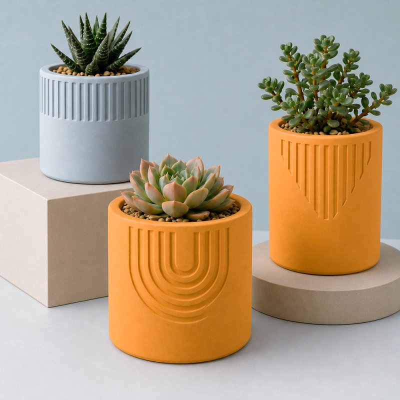 Maceteros decorativos hechos con cemento para figuras naranja calabaza