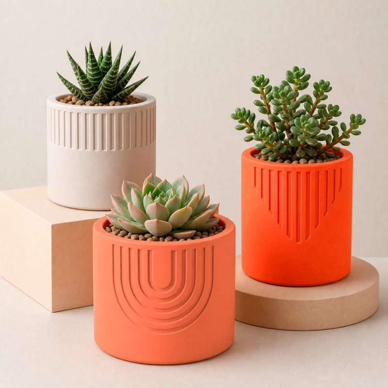 Maceteros decorativos hechos con cemento para figuras naranja clásico