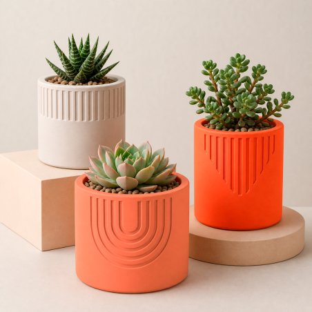 Maceteros decorativos hechos con cemento para figuras naranja clásico