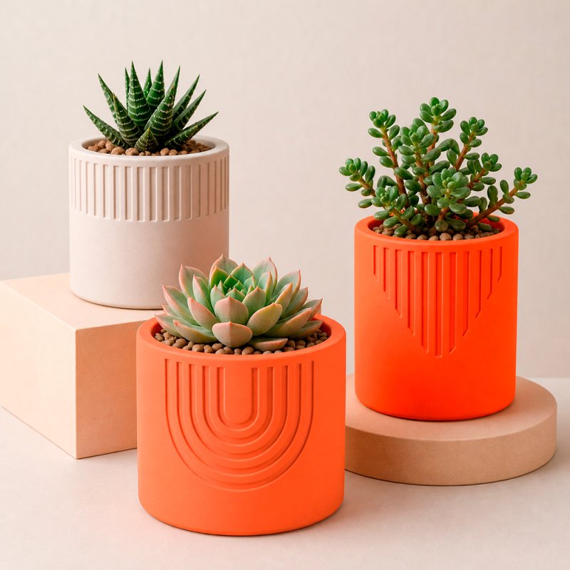 Maceteros decorativos hechos con cemento para figuras naranja neón