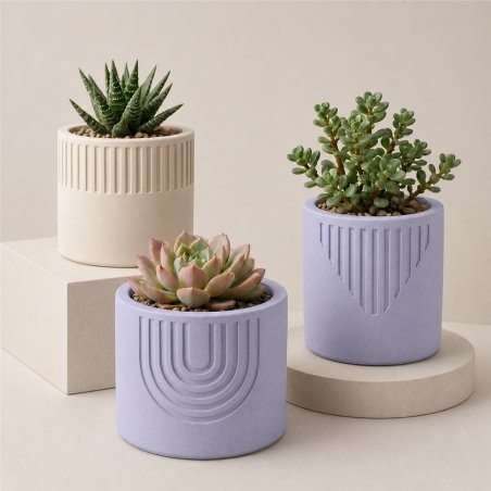 Maceteros decorativos hechos con cemento para figuras lavanda
