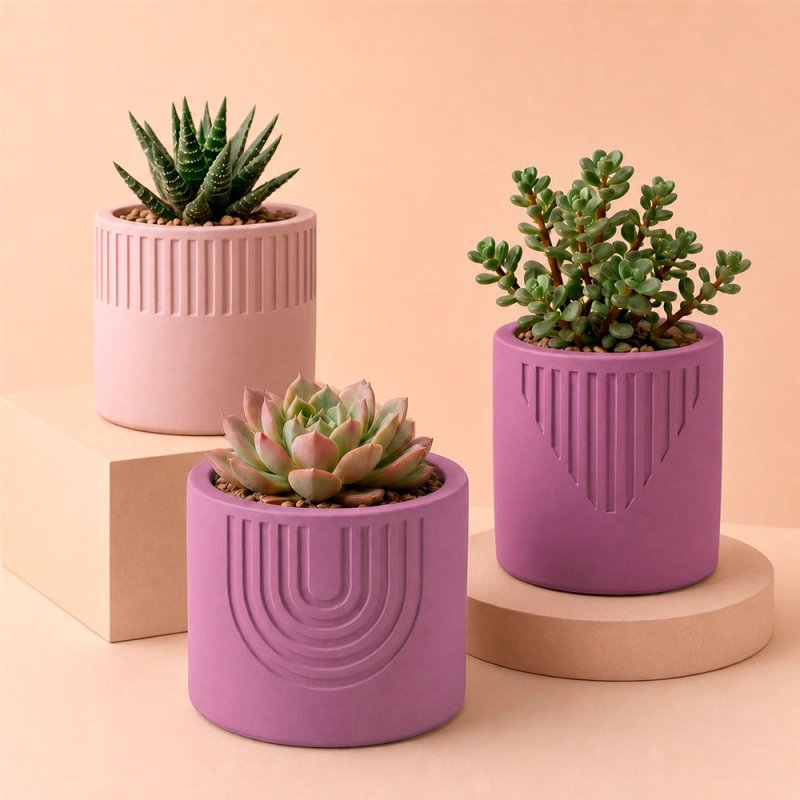 Maceteros decorativos hechos con cemento para figuras malva neón