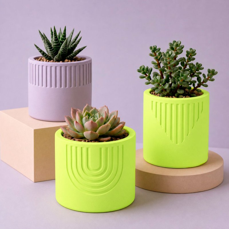 Maceteros decorativos hechos con cemento para figuras amarillo neón