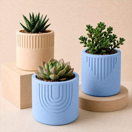 Maceteros decorativos hechos con cemento para figuras azul niebla