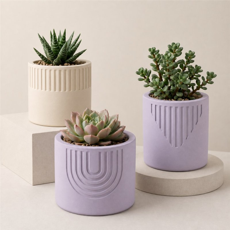 Maceteros decorativos hechos con cemento para figuras lila suave