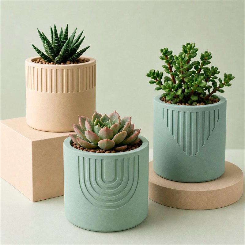 Maceteros decorativos hechos con cemento para figuras verde agua