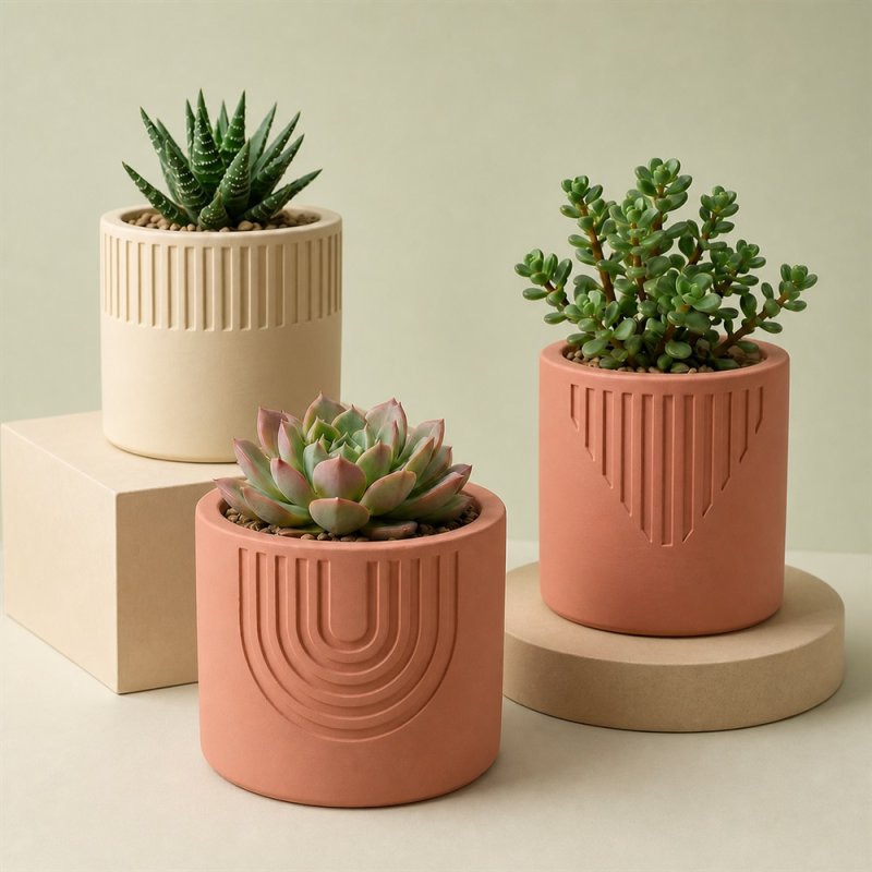 Maceteros decorativos hechos con cemento para figuras terracota