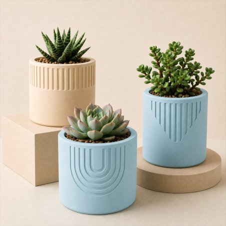 Maceteros decorativos hechos con cemento para figuras azul celeste