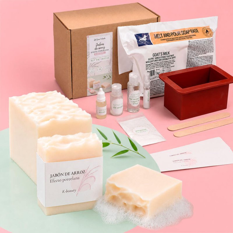 Kit para hacer jabón de arroz efecto porcelana K-Beauty. Materiales e instrucciones.