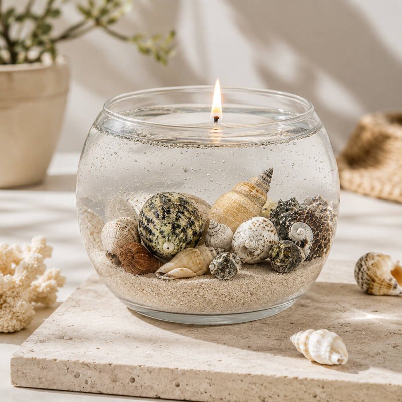 Caracolas y conchas de mar surtidas en velas de gel