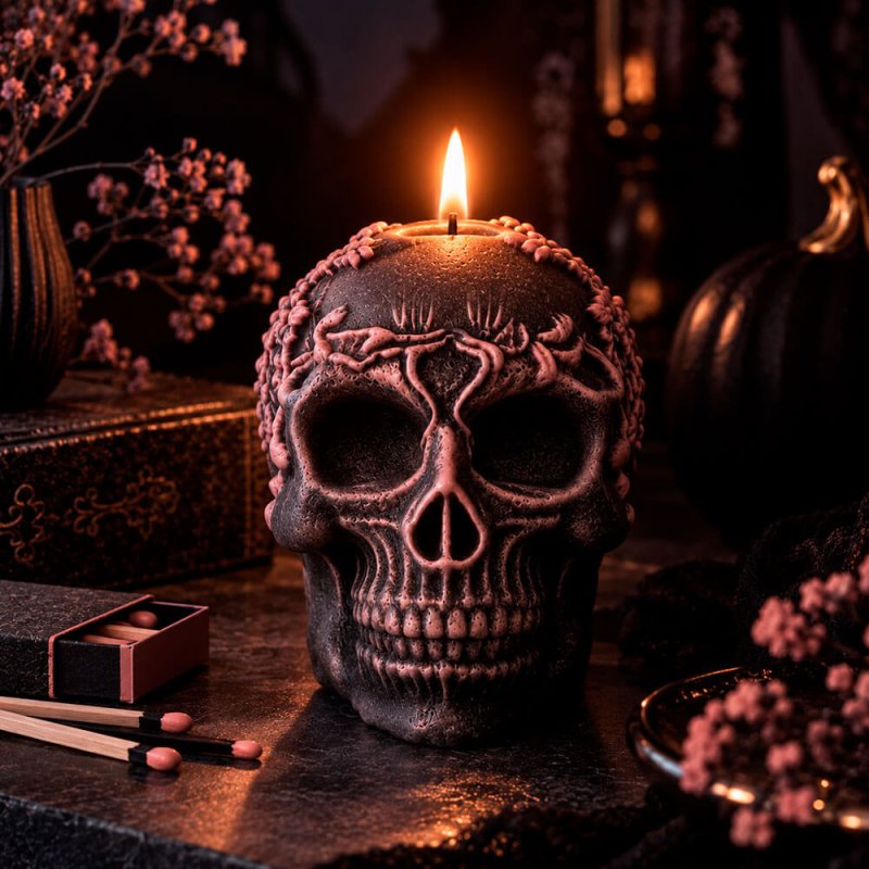 Velas calavera con corona de flores pintada
