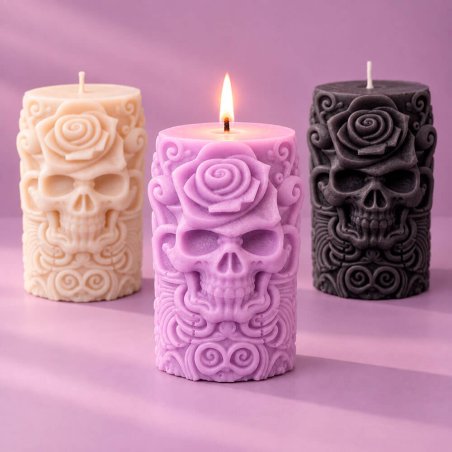 Vela cilíndricas calavera y rosa diferentes colores