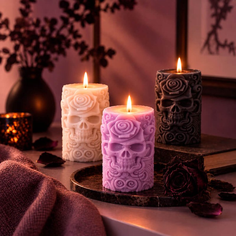 Molde vela cilíndrica calavera y rosa de silicona flexible