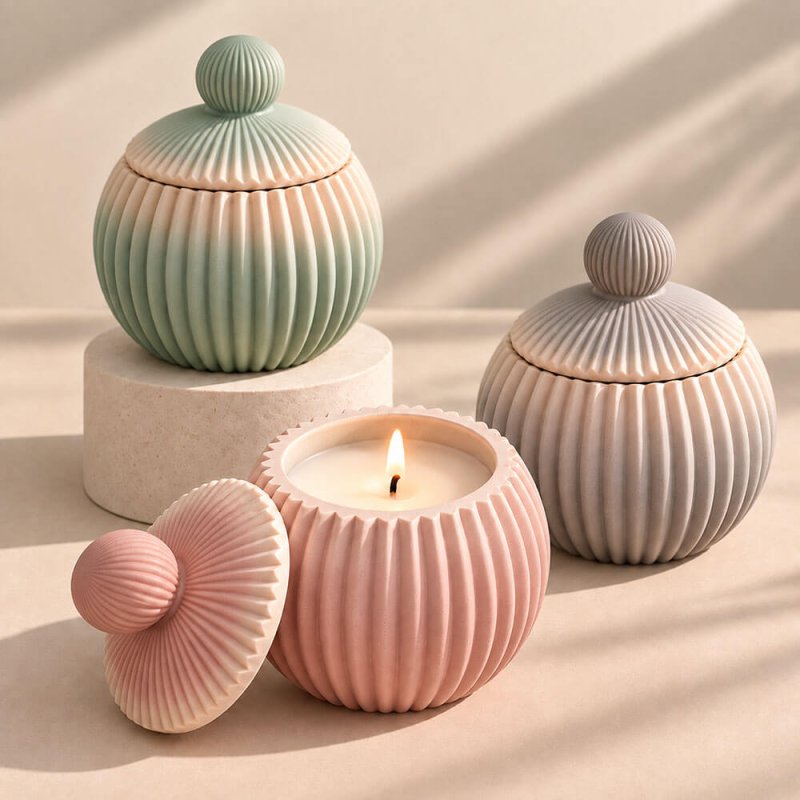Velas en recipiente con tapa estriado de cemento