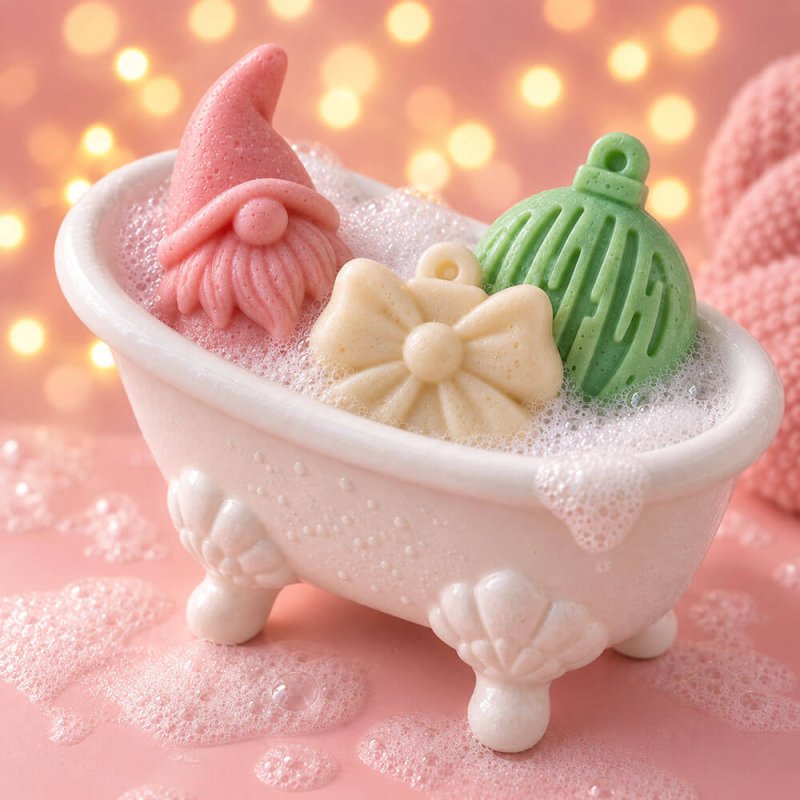 Jabones de gnomos y bolas de Navidad
