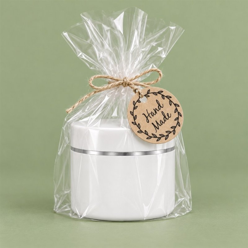 Tarro 200 ml blanco perla cilíndrico con tapa y ribete plateado para regalo