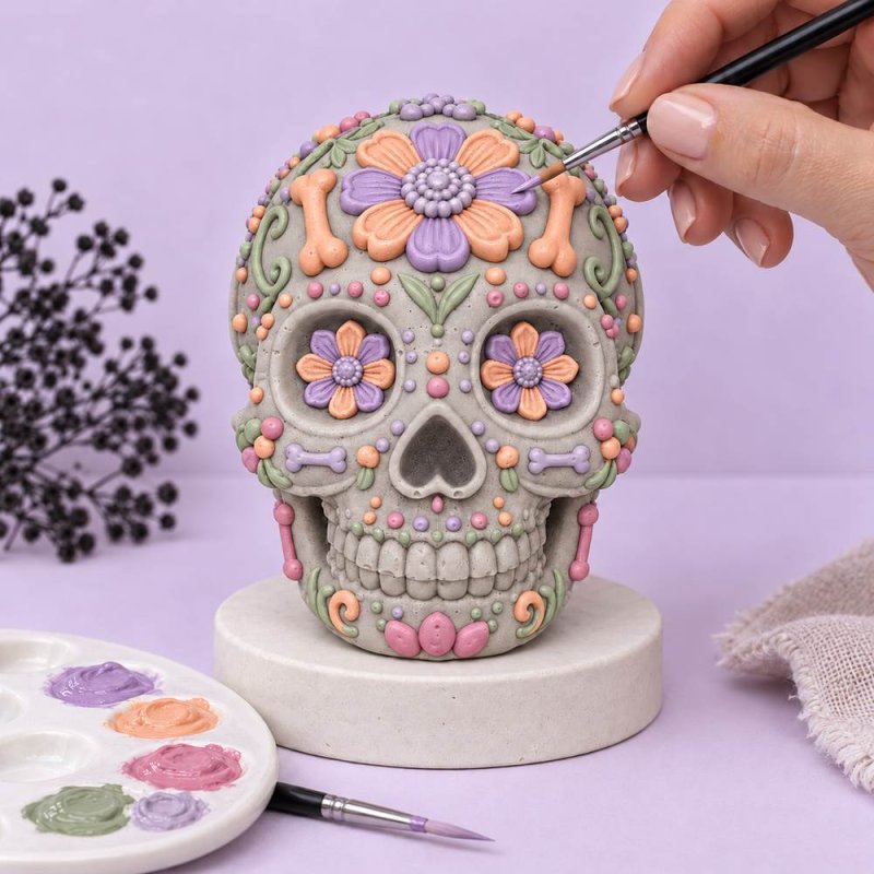 Mão a pintar com pincel os relevos florais de uma caveira mexicana em tons pastel
