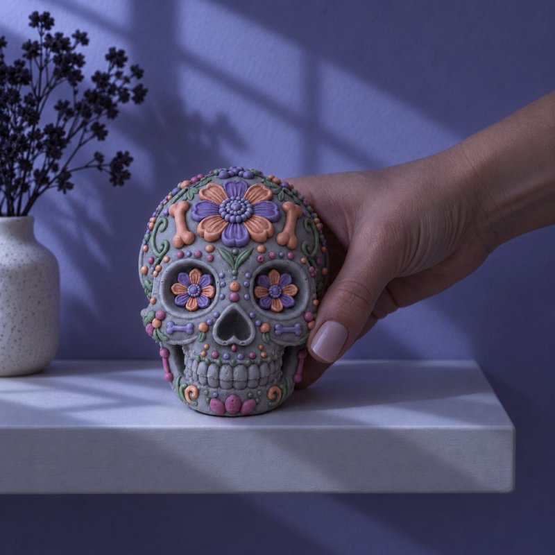 Main tenant un crâne mexicain gris aux fleurs et os colorés sur une étagère