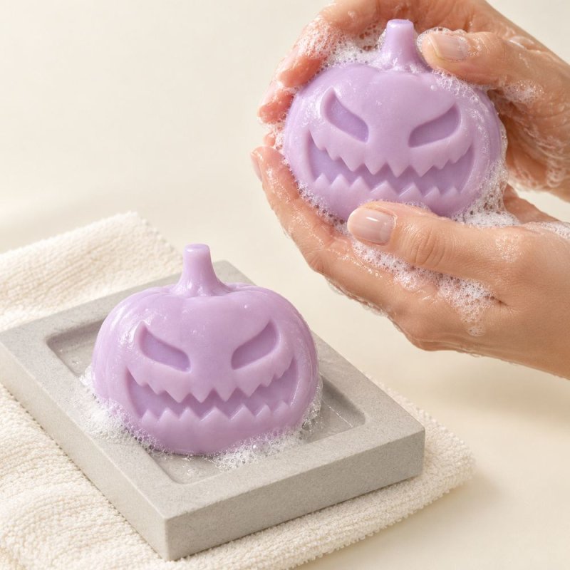 Mains faisant mousser un savon lilas en forme de citrouille effrayante près d’un autre sur un porte-savon