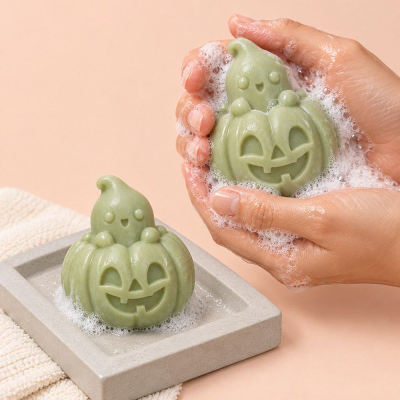 Manos enjabonando un jabón verde con forma de fantasma sobre una calabaza sonriente