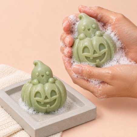 Mãos a ensaboar um sabonete verde em forma de fantasma sobre uma abóbora sorridente