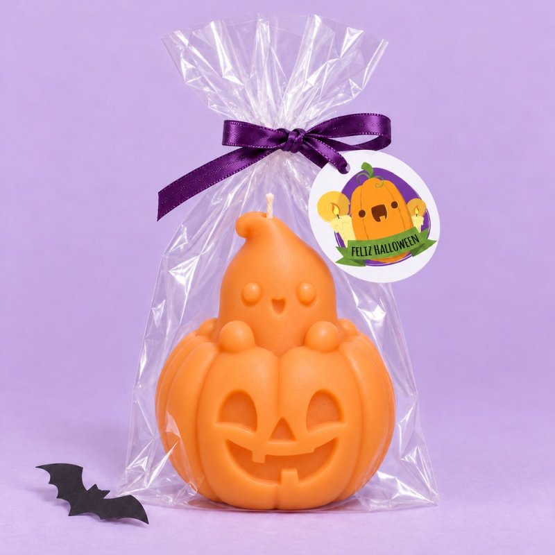 Figura naranja de fantasma sobre calabaza en bolsa transparente con lazo morado