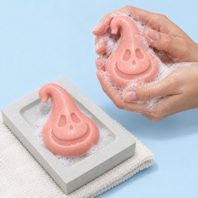 Mains faisant mousser un savon rose en forme de citrouille souriante à tige courbée