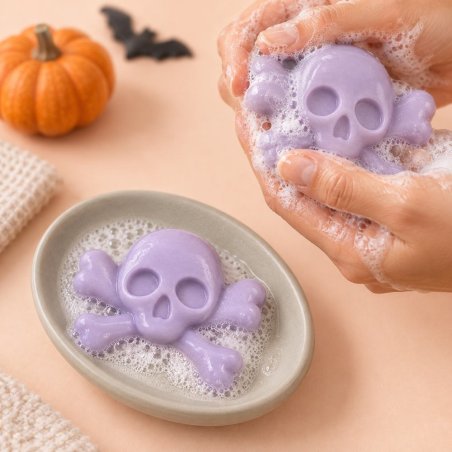 Mains faisant mousser un savon lilas en forme de crâne avec os croisés