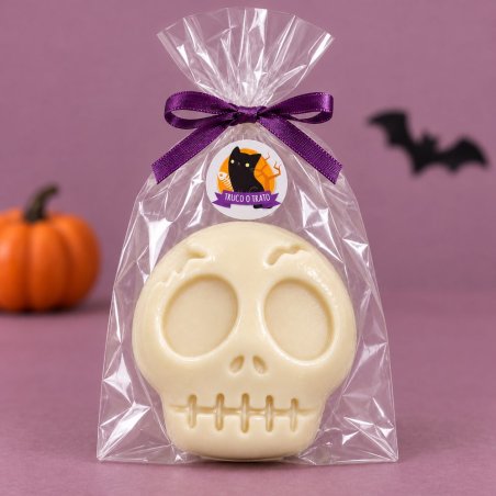 Jabón crema de calavera agrietada en bolsa transparente con lazo morado