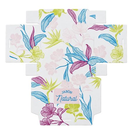 Caixa para sabonete desdobrada com padrão de flores e folhas sobre fundo branco