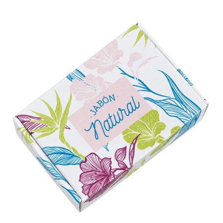 Caixa fechada para sabonete com flores e folhas coloridas sobre fundo branco