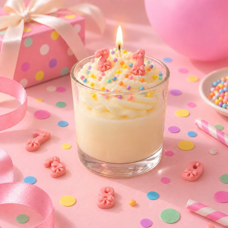 Vela encendida en vaso con decoración cremosa, números rosas con lazo y bolitas de colores