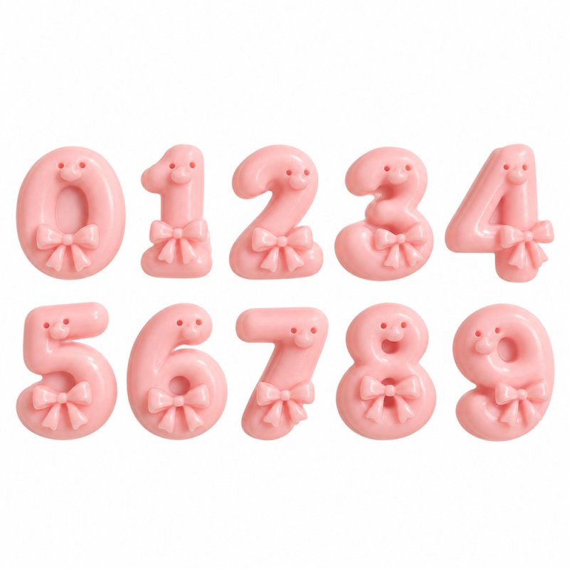 Figuras rosas de los números del 0 al 9 con lazos, ordenadas sobre fondo blanco