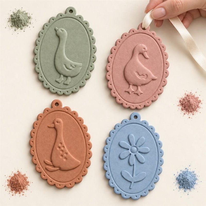 Quatre médaillons ovales colorés avec des oies et une fleur en relief, près de rubans