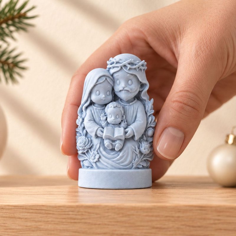 Mano sosteniendo una figura azul de la Sagrada Familia sobre una superficie de madera