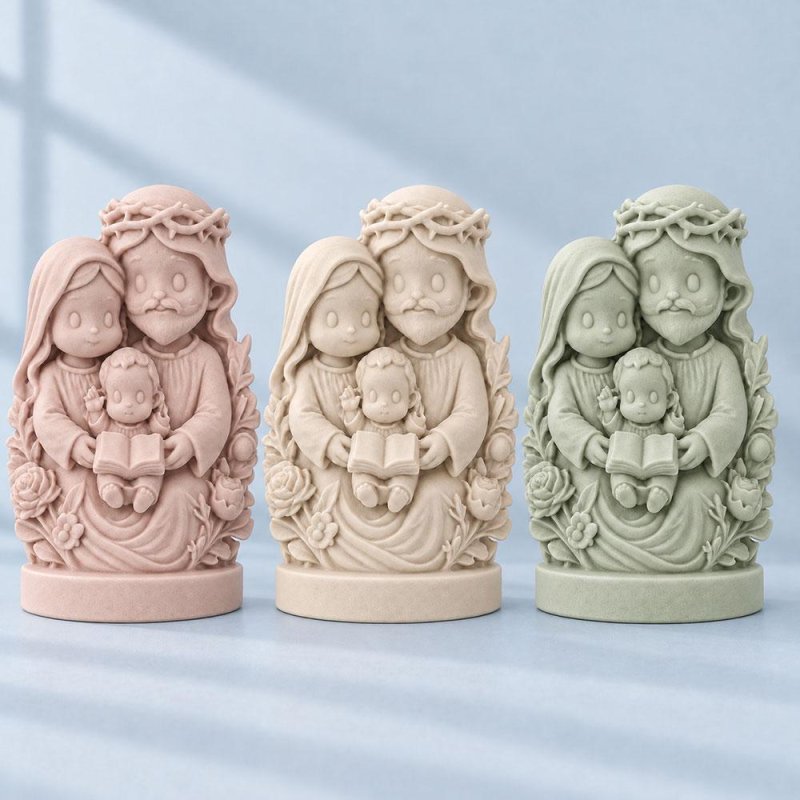 Tres figuras de la Sagrada Familia en rosa, crema y verde sobre fondo azul