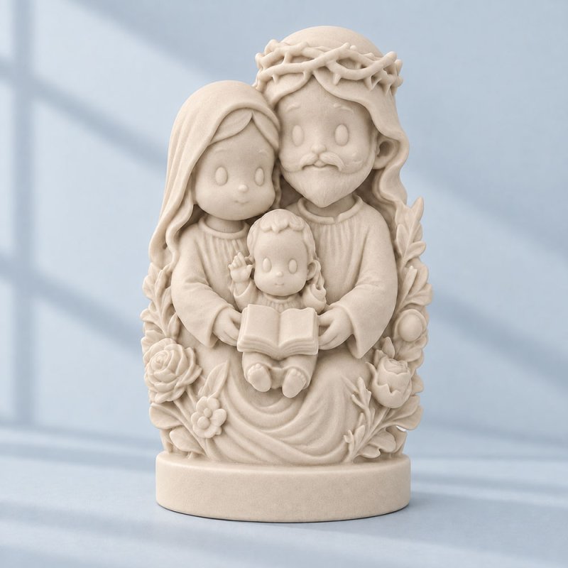 Figurine crème de la Sainte Famille avec détails floraux sur fond bleu