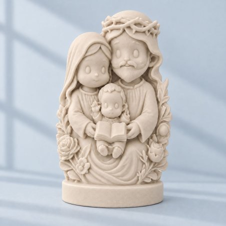 Figura color crema de la Sagrada Familia con detalles florales sobre fondo azul