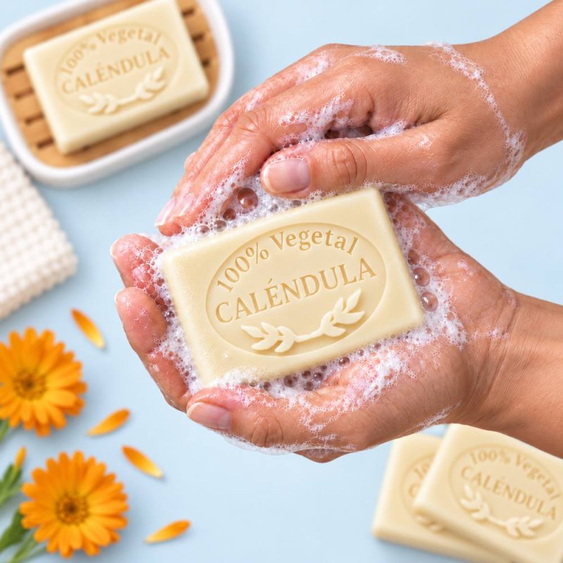 Molde jabon de calendula — jabón en manos con espuma