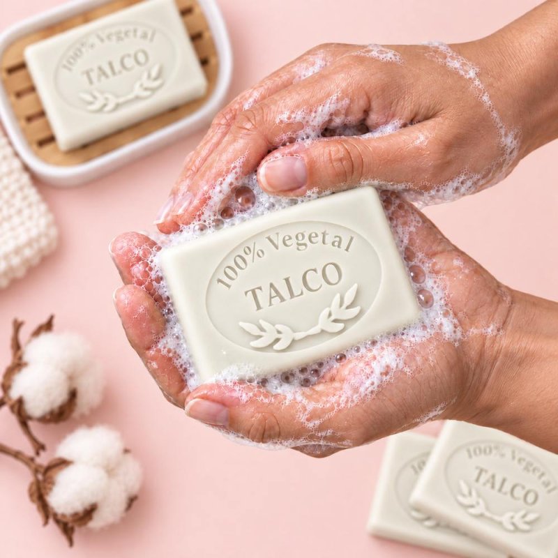 Molde jabon fragancia talco — jabón en manos con espuma