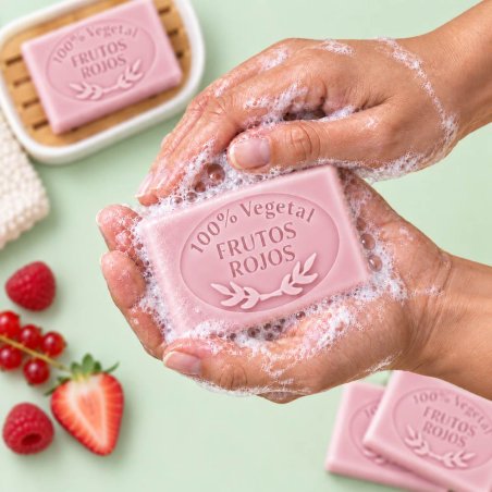 Molde jabon de frutos rojos — jabón en manos con espuma