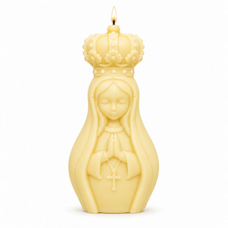 Molde para velas virgen coronada — vela amarilla sobre fondo blanco