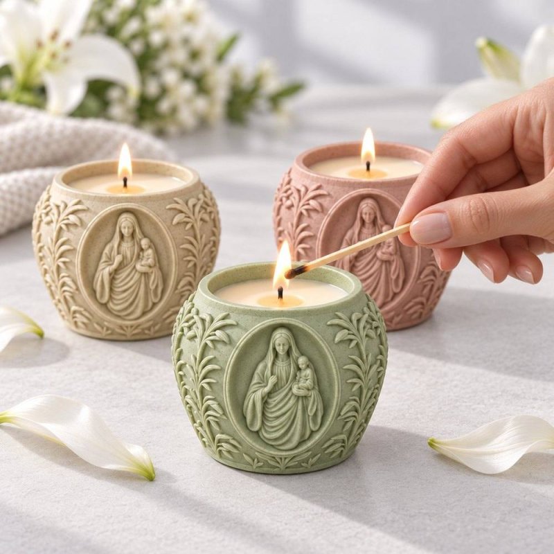 Trois bougies dans des récipients avec Vierge et lys en relief, une main allumant la verte
