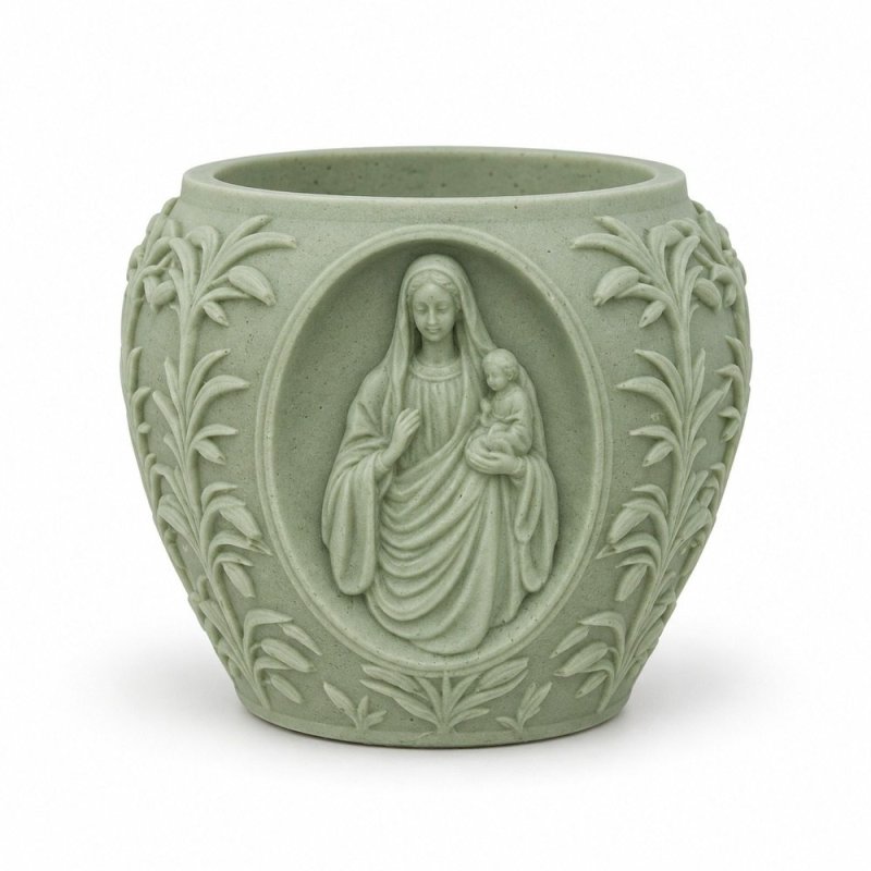 Recipiente verde vacío con la Virgen y azucenas en relieve sobre fondo blanco