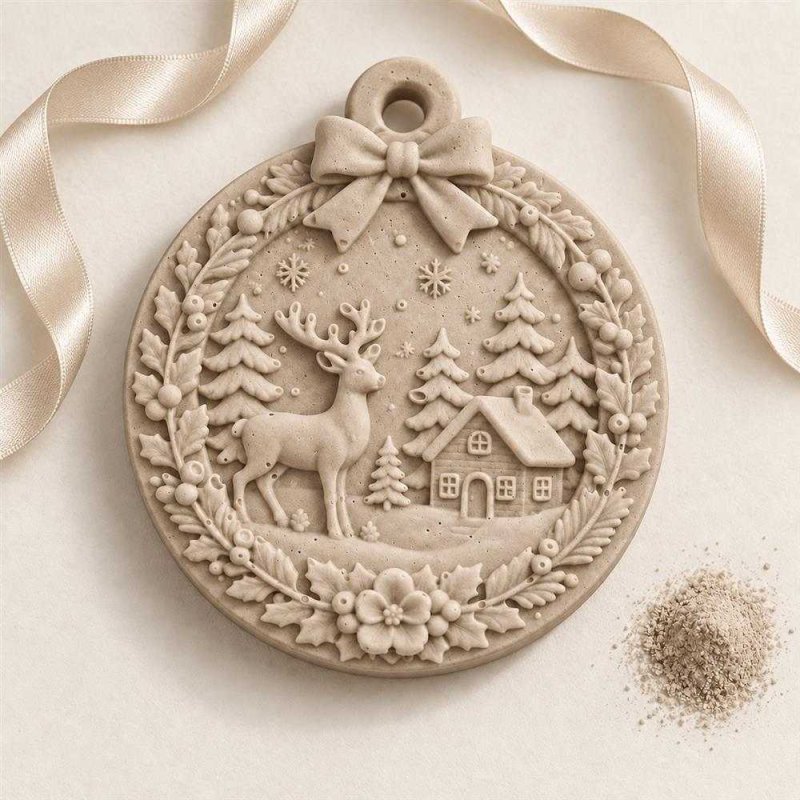 Décoration de Noël beige avec renne, maison et sapins en relief près d’un ruban
