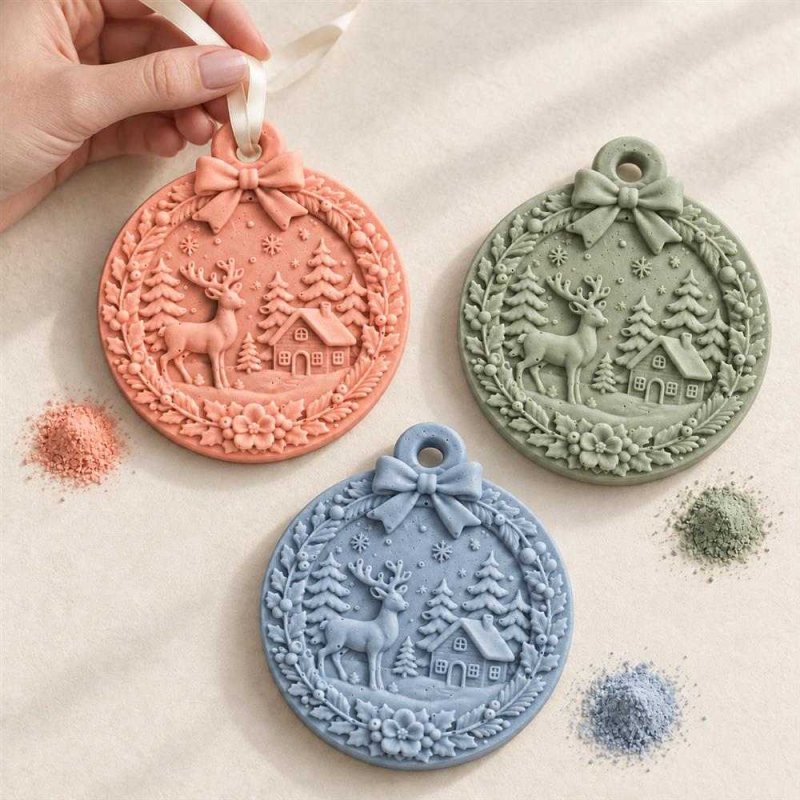 Três enfeites de Natal com rena em coral, verde e azul, com uma mão a segurar uma fita
