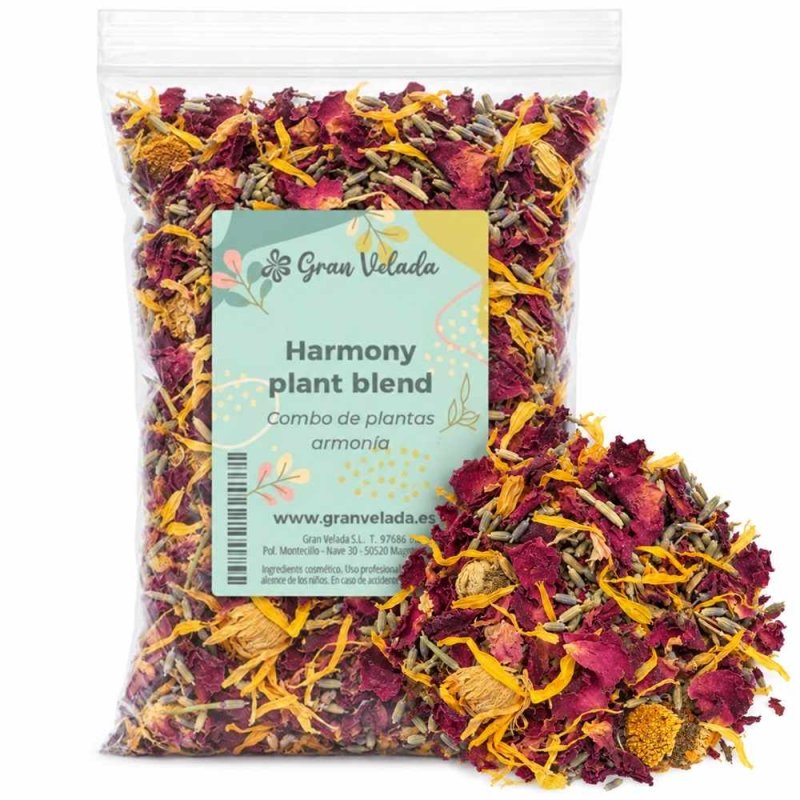 Saco de mistura de plantas harmonia junto a uma amostra de flores e folhas secas sobre fundo branco