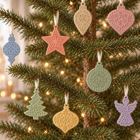Oito enfeites de Natal coloridos suspensos por fitas numa árvore com luzes