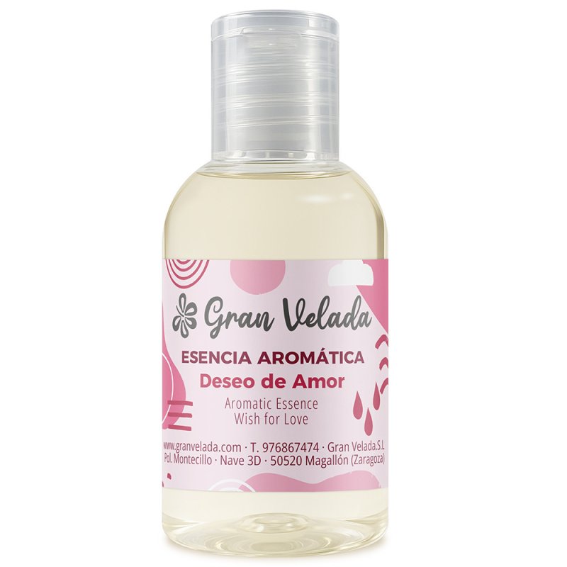 Frasco de esencia aromática Deseo de Amor con tapón transparente sobre fondo blanco